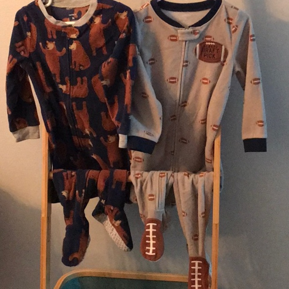 Carter’s fleece footed onesies pajamas size 3T bear pattern and football pattern